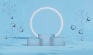 Marka ve ambalaj sunumu için Noel podyumu. Hediye kutularıyla, Noel gösterisiyle. Kozmetik ve moda. 3d oluşturma.