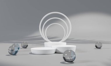 Renkli arka plan standı olan podyum ya da reklam ekranında podyum kaidesi. 3B görüntüleme.