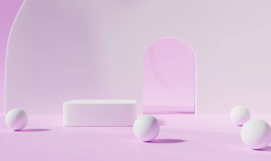 Renkli arka plan standı olan podyum ya da reklam ekranında podyum kaidesi. 3B görüntüleme.