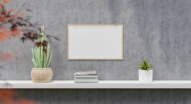 Duvardaki çerçeve, yeşil bitki, yeşil duvar ve raf desenli. 3B görüntüleme.