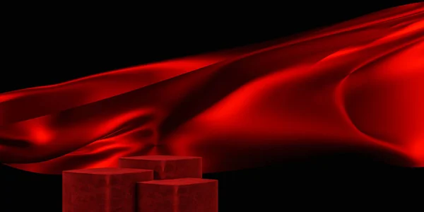 Red Color Podium Redfabric Flying Wave Luxury Background Branding Product — Stock Photo, Image