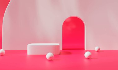 Renkli arka plan standı olan podyum ya da reklam ekranında podyum kaidesi. 3B görüntüleme.