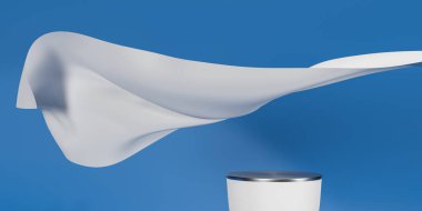 Beyaz kumaşlı uçan dalgalar üzerinde podyum. Markalaşma ve ürün sunumu için lüks bir zemin. 3d resimleme