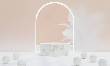 Rüya gibi gökyüzü arkaplanlı ürün sergisi için doğal güzellik podyumu. Romantik 3D sahne. 3d oluşturma.