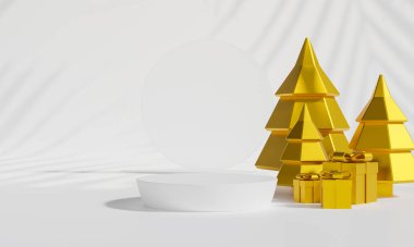 Marka ve ambalaj sunumu için Noel podyumu. Hediye kutularıyla, Noel gösterisiyle. Kozmetik ve moda. 3d oluşturma.