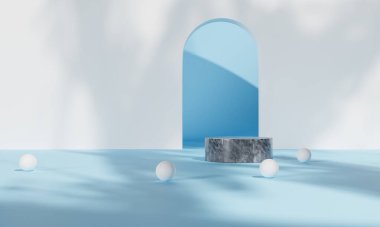 Renkli arka plan standı olan podyum ya da reklam ekranında podyum kaidesi. 3B görüntüleme.