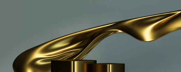 Gold Color Podium Gold Fabric Flying Wave Luxury Background Branding — Stock Photo, Image
