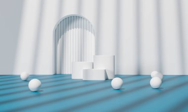 Renkli arka plan standı olan podyum ya da reklam ekranında podyum kaidesi. 3B görüntüleme.