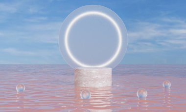 Su ve renk üzerine podyum veya gökyüzü arkaplan reklam ekranı. 3B görüntüleme.