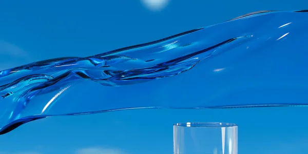Flüssigkeit Und Podium Auf Fliegender Welle Aus Glasgewebe Luxuriöser Hintergrund — Stockfoto