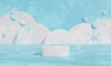 Marka ve ambalaj sunumu için Noel podyumu. Hediye kutularıyla, Noel gösterisiyle. Kozmetik ve moda. 3d oluşturma.