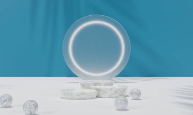 Renkli pastel arka planı ve ağaç veya yaprak standı olan podyum reklam ekranında. 3B görüntüleme.