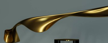 Podyum ve altın kumaş uçan dalga. Markalaşma ve ürün sunumu için lüks bir zemin. 3d resimleme.