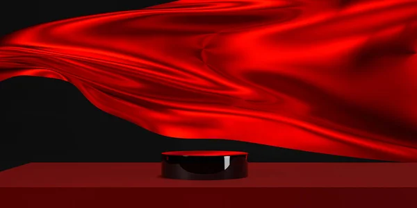 Подиум Красного Цвета Красной Ткани Летающей Волны Роскошный Фон Брендинга — стоковое фото
