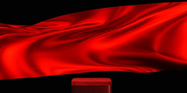 Red Color Podium Red Fabric Flying Wave Luxury Background Branding — Stock Photo, Image