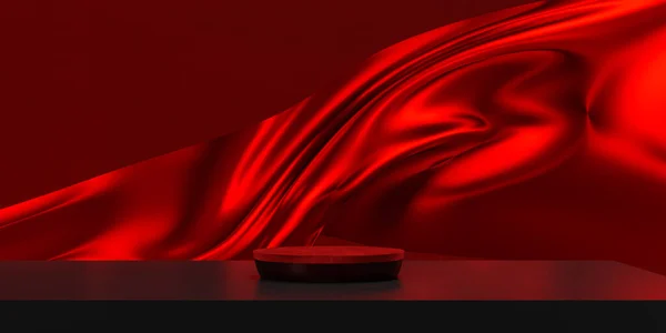 Podium Couleur Rouge Sur Tissu Rouge Vague Volante Fond Luxe — Photo