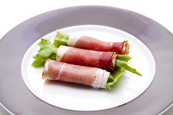Ham bacon with salad leaf — Stock Photo, Image