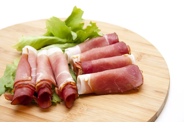 Ham bacon with salad leaf — Stock Photo, Image