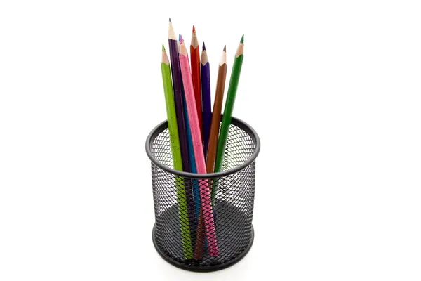 Coloured pencils in the wire mug — Stock Photo, Image