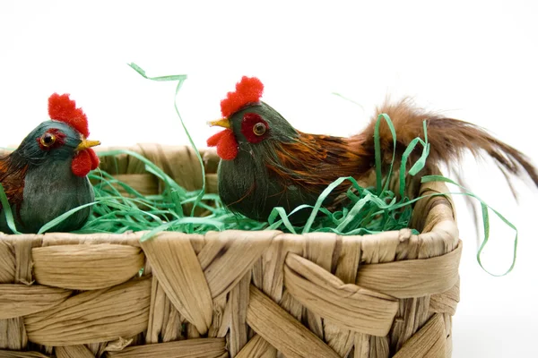 Cock and hen in the basket — Stock Photo, Image