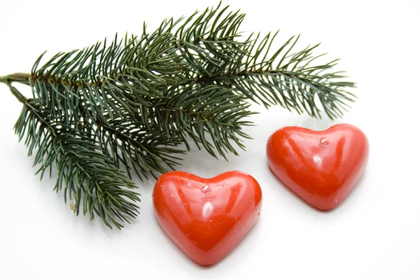 Heart candles with fir branch — Stock Photo, Image