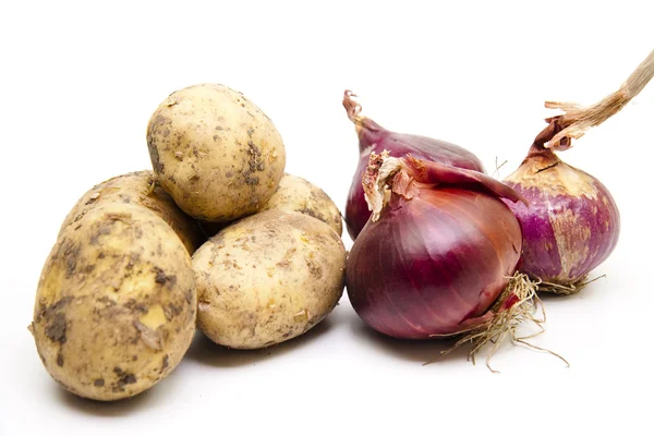 Fresh food potatoes with red onions — Stock Photo, Image