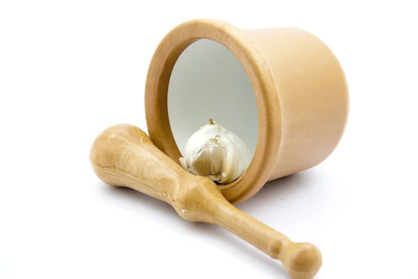 Garlic with mortar — Stock Photo, Image