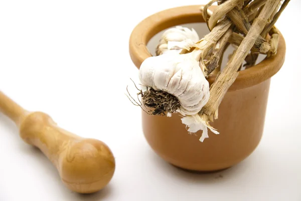 Fresh garlic with mortar — Stock Photo, Image