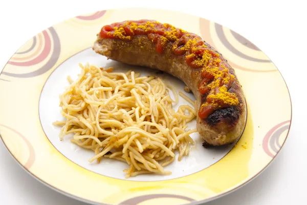 Fresh curried sausage with noodle — Stock Photo, Image