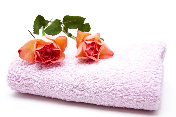 Towelling cloth with rose Stock Photo