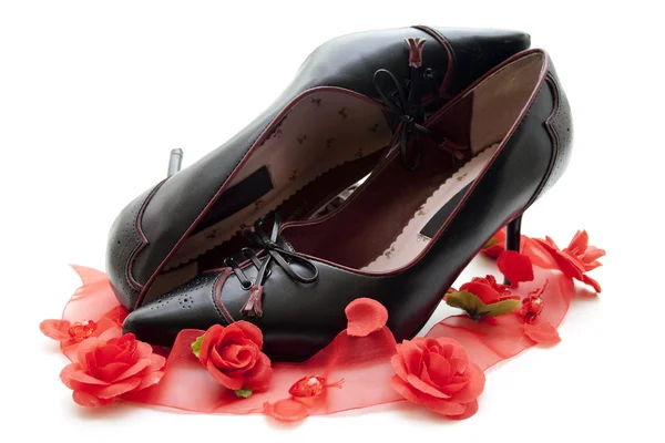 Buty damskie taśmą róża — Zdjęcie stockowe