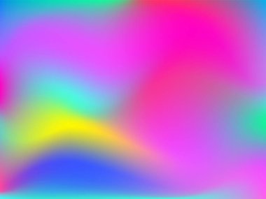 Sanal arkaplan. Pembe, mavi, yeşil renklerde parlak, pürüzsüz, bulanık fütürist desen. Modaya uygun reklam vektörü. Yazdırılmış ürünler için holografik spektrumun yoğun gradyanı,.