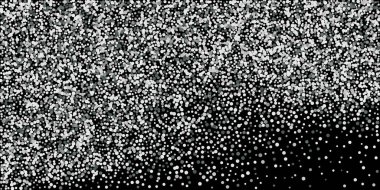 Gümüş simli konfeti. Siyah arka plan. Parlak soyut doku. Vektör soyut grafik tasarımı. Yeni yıl Noel 'i. Gümüş parıltılı arka plan. Vektör zarif davet şablonu.