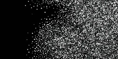 Gümüş simli konfeti. Siyah arka plan. Parlak soyut doku. Vektör soyut grafik tasarımı. Yeni yıl Noel 'i. Gümüş parıltılı arka plan. Vektör zarif davet şablonu.