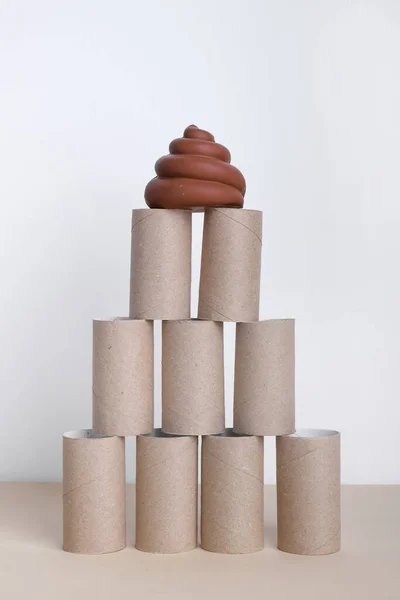 Pyramid Empty Toilet Paper Rolls Poop — Stock Photo, Image