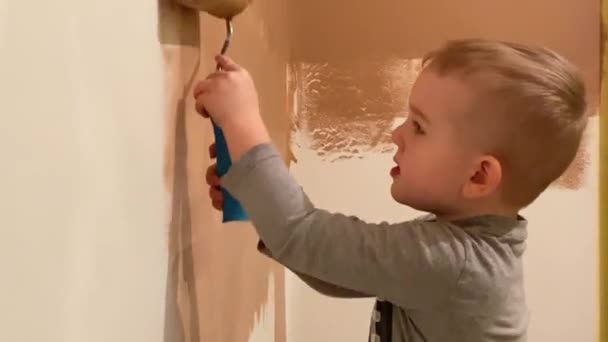 Ένα μικρό αγόρι ζωγραφίζει έναν τοίχο στο δωμάτιό του σε terracotta με ένα ρολό — Αρχείο Βίντεο