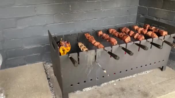 Kebab de porc aux légumes frits sur un gril métallique au charbon de bois — Video