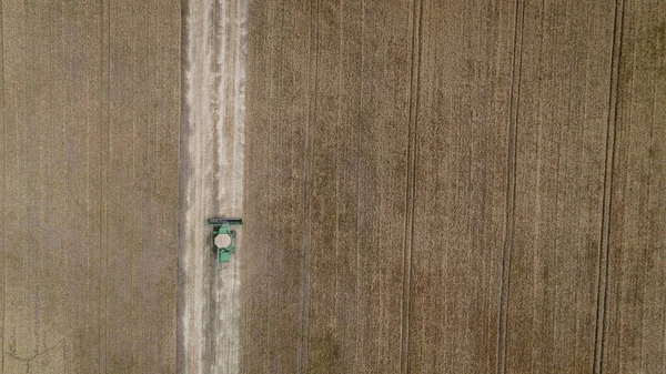 Уборка комбайнов с воздуха на поле — стоковое фото