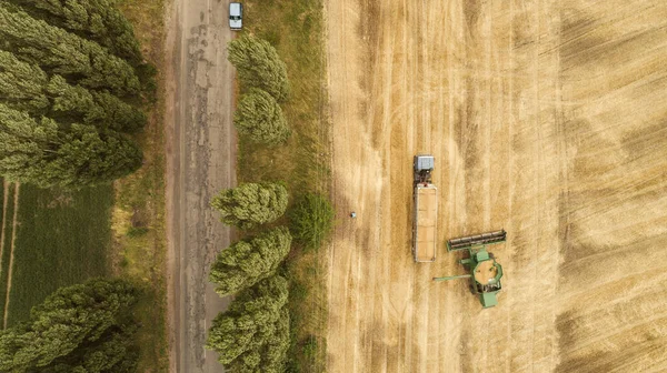 トラックトレーラーに収穫機のダンプ作物と空中ビュー — ストック写真