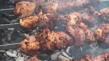 Kömürün üstünde ızgarada kızartılmış domuz kebabı.