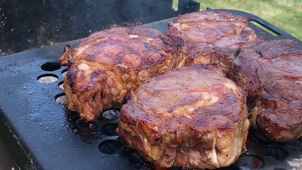 Vařím telecí steaky na grilu. Žebírko na uhlících — Stock video