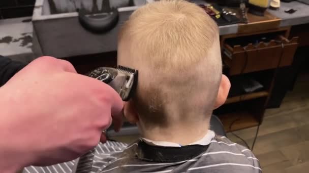 Master corta el pelo de un niño en una peluquería — Vídeos de Stock