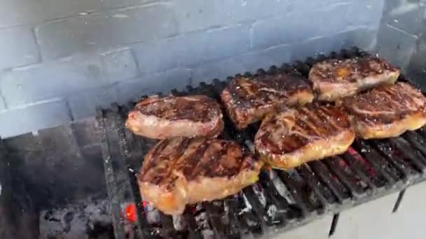 Kalfsvleessteaks op de grill. Riboog op kolen — Stockvideo