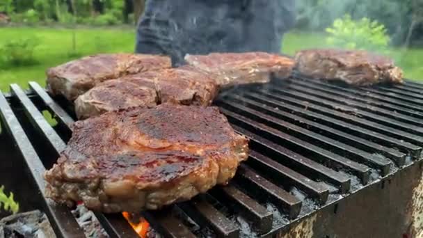 Gotowanie steków cielęcych na grillu. Oko żeberkowe na węglu — Wideo stockowe