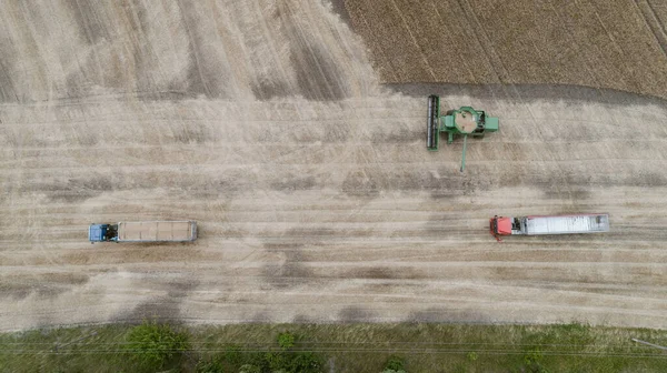 Luftaufnahme mit Erntemaschine, die Erntegut in einen LKW-Anhänger kippt — Stockfoto