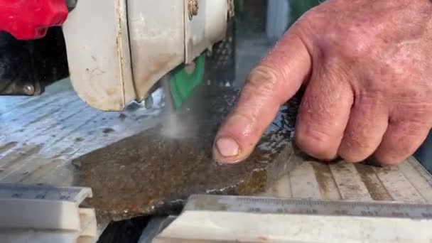 Maître maçon taille la pierre pour la pose des chemins — Video