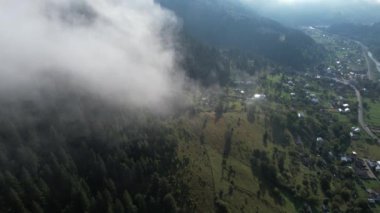 Çam ormanı içinde güzel bulutlar ile yüksek Dağların üzerinden uçan. Havadan görünümü