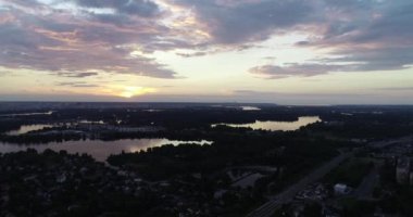 Aerial Beautiful View Of The Kyiv City And Dnieper River And At Sunset