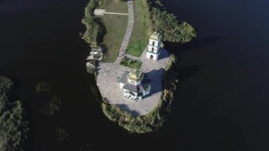 Aerial view of the Church of the Transfiguration of the Savior on an island in the middle of the Dnieper River, Ukraine