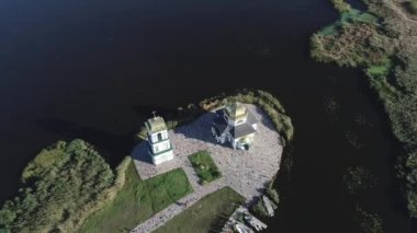 Aerial view of the Church of the Transfiguration of the Savior on an island in the middle of the Dnieper River, Ukraine